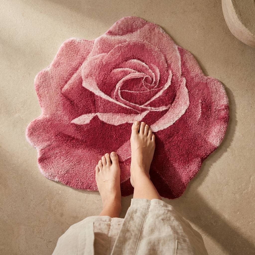 Abyss & Habidecor Passion 573 roosvormige badmat — lifestyle, blote voeten stappen op de mat, ochtendritueel